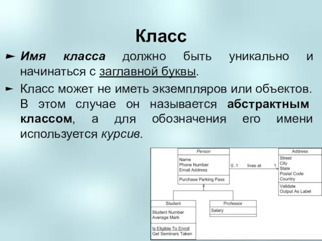 Класс Имя класса должно быть уникально и начинаться с заглавной буквы. Класс