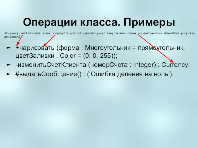 Операции класса. Примеры +нарисовать (форма : Многоугольник = прямоугольник, цветЗаливки : Color