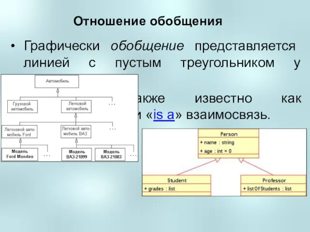 Отношение обобщения Графически обобщение представляется линией с пустым треугольником у супертипа. Обобщение