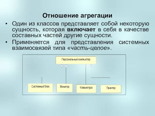 Отношение агрегации Один из классов представляет собой некоторую сущность, которая включает в