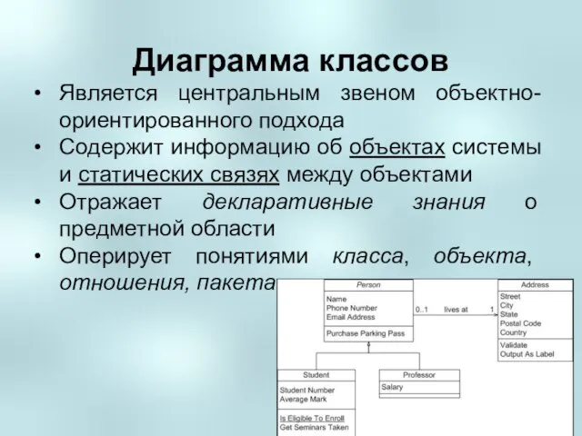 Диаграмма классов Является центральным звеном объектно-ориентированного подхода Содержит информацию об объектах системы