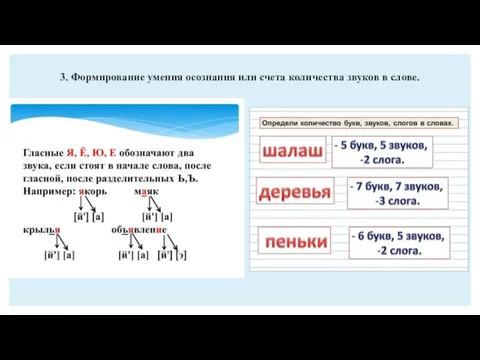 3. Формирование умения осознания или счета количества звуков в слове.