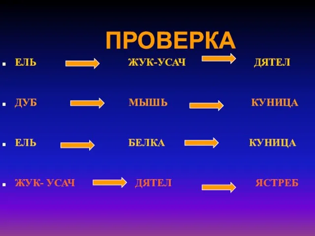 ЕЛЬ ЖУК-УСАЧ ДЯТЕЛ ДУБ МЫШЬ КУНИЦА ЕЛЬ БЕЛКА КУНИЦА ЖУК- УСАЧ ДЯТЕЛ ЯСТРЕБ ПРОВЕРКА