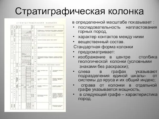 Стратиграфическая колонка в определенной масштабе показывает : последовательность напластования горных пород, характер