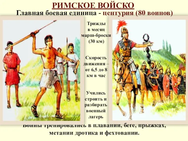 РИМСКОЕ ВОЙСКО Главная боевая единица - центурия (80 воинов) Воины тренировались в
