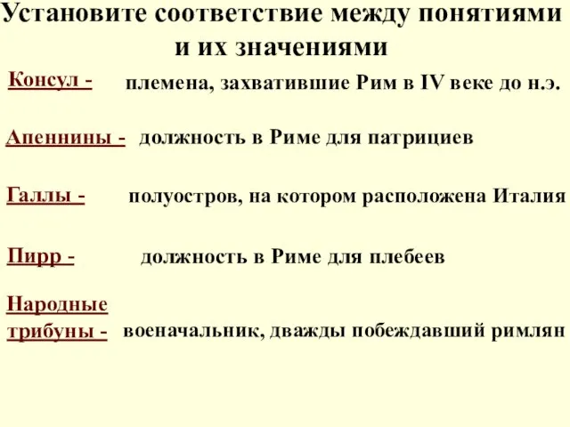 Установите соответствие между понятиями и их значениями Консул - Апеннины - Галлы