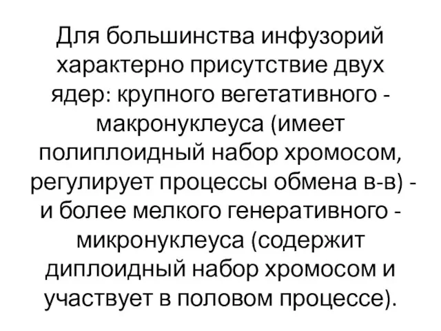 Для большинства инфузорий характерно присутствие двух ядер: крупного вегетативного - макронуклеуса (имеет