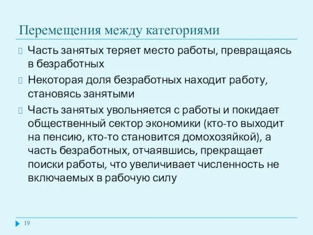 Перемещения между категориями Часть занятых теряет место работы, превращаясь в безработных Некоторая