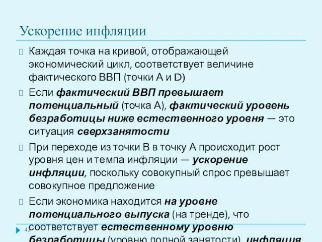 Ускорение инфляции Каждая точка на кривой, отображающей экономический цикл, соответствует величине фактического