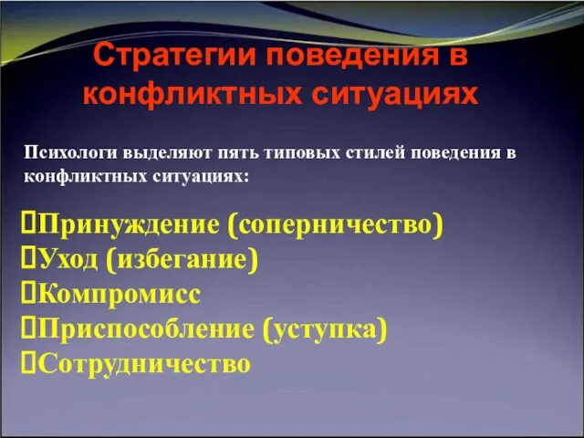 Стратегии поведения в конфликтных ситуациях Принуждение (соперничество) Уход (избегание) Компромисс Приспособление (уступка)