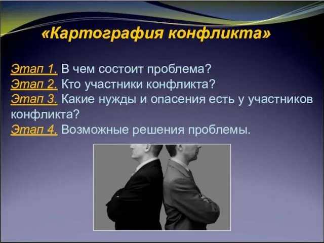 «Картография конфликта» Этап 1. В чем состоит проблема? Этап 2. Кто участники