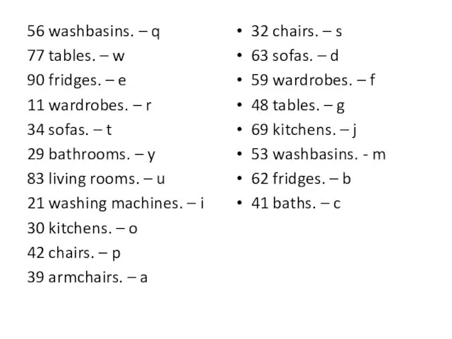 56 washbasins. – q 77 tables. – w 90 fridges. – e