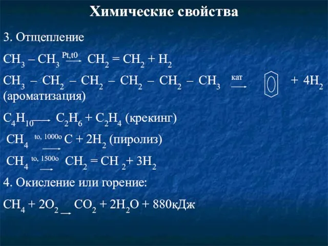 Химические свойства 3. Отщепление CH3 – CH3 Pt,t0 CH2 = CH2 +
