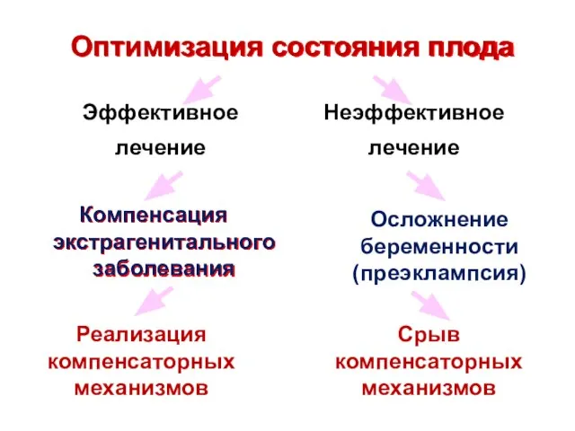 Оптимизация состояния плода Эффективное лечение Компенсация экстрагенитального заболевания Осложнение беременности (преэклампсия) Неэффективное