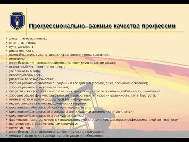 дисциплинированность; ответственность; пунктуальность; решительность; самообладание, эмоциональная уравновешенность, выдержка; смелость; способность рационально действовать