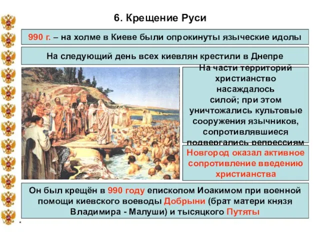* 6. Крещение Руси 990 г. – на холме в Киеве были