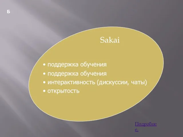 Б Sakai поддержка обучения поддержка обучения интерактивность (дискуссии, чаты) открытость Подробнее.