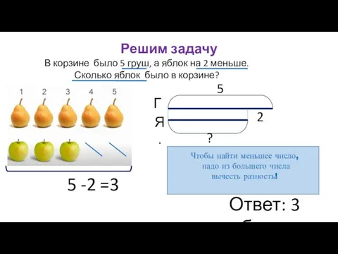 Решим задачу В корзине было 5 груш, а яблок на 2 меньше.