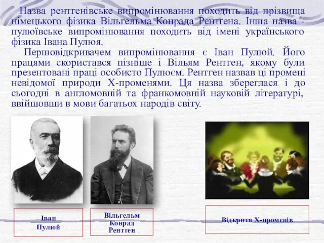 Назва рентгенівське випромінювання походить від прізвища німецького фізика Вільгельма Конрада Рентґена. Інша