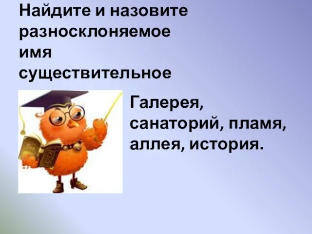 Найдите и назовите разносклоняемое имя существительное Галерея, санаторий, пламя, аллея, история.