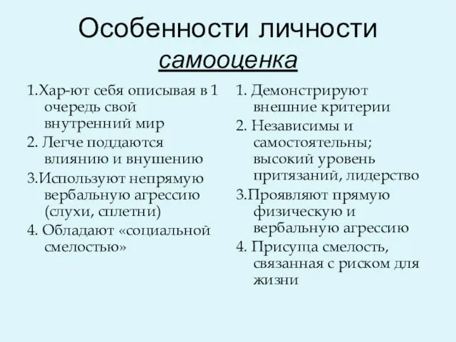 Особенности личности самооценка 1.Хар-ют себя описывая в 1 очередь свой внутренний мир