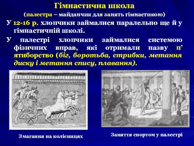 Гімнастична школа (палестра – майданчик для занять гімнастикою) У 12-16 р. хлопчики