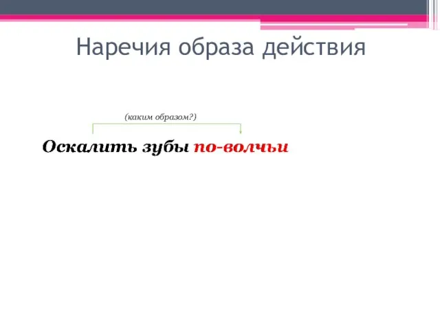 Каркает по-вороньи Наречия образа действия Оскалить зубы по-волчьи (каким образом?) Оскалить зубы по-волчьи