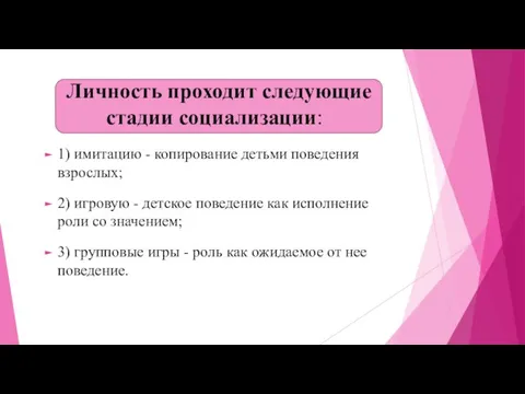 Личность проходит следующие стадии социализации: 1) имитацию - копирование детьми поведения взрослых;