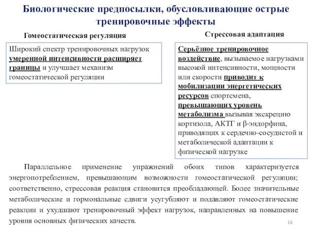 Биологические предпосылки, обусловливающие острые тренировочные эффекты Широкий спектр тренировочных нагрузок умеренной интенсивности