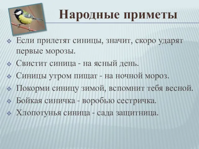 Народные приметы Если прилетят синицы, значит, скоро ударят первые морозы. Свистит синица