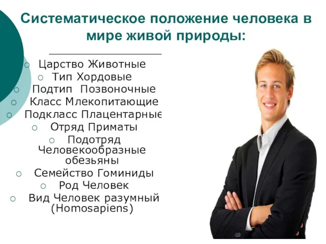 Систематическое положение человека в мире живой природы: Царство Животные Тип Хордовые Подтип