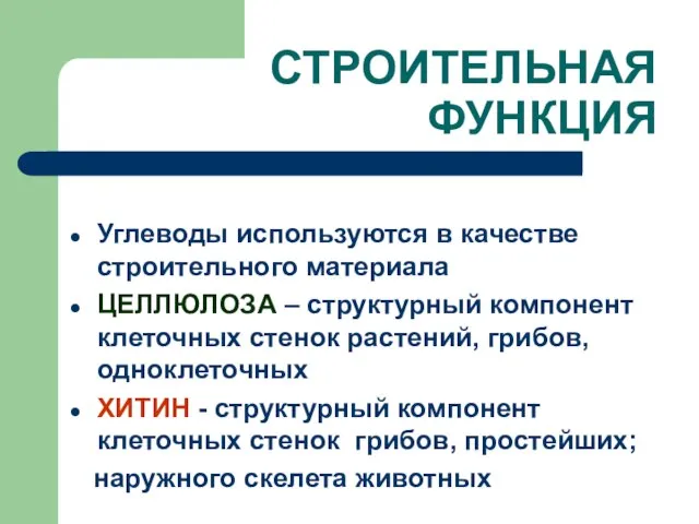 СТРОИТЕЛЬНАЯ ФУНКЦИЯ Углеводы используются в качестве строительного материала ЦЕЛЛЮЛОЗА – структурный компонент