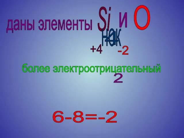 даны элементы более электроотрицательный Si O и 6-8=-2 -2 +4 НОК 4 2