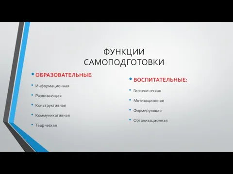 ФУНКЦИИ САМОПОДГОТОВКИ ОБРАЗОВАТЕЛЬНЫЕ: Информационная Развивающая Конструктивная Коммуникативная Творческая ВОСПИТАТЕЛЬНЫЕ: Гигиеническая Мотивационная Формирующая Организационная