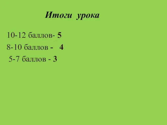 Итоги урока 10-12 баллов- 5 8-10 баллов - 4 5-7 баллов - 3