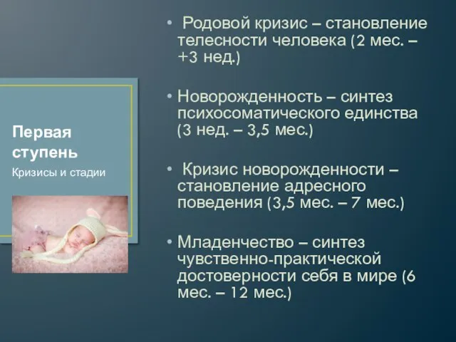 Родовой кризис – становление телесности человека (2 мес. – +3 нед.) Новорожденность