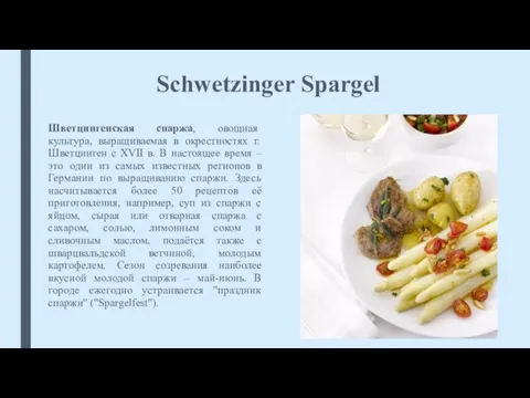 Schwetzinger Spargel Шветцингенская спаржа, овощная культура, выращиваемая в окрестностях г. Шветцинген с