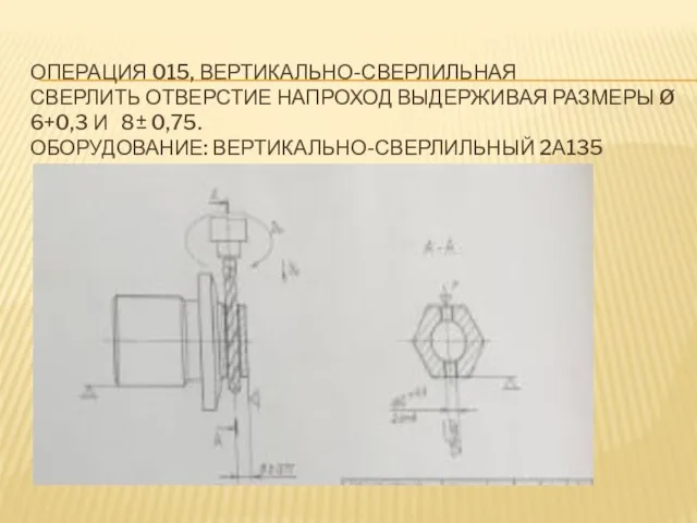 ОПЕРАЦИЯ 015, ВЕРТИКАЛЬНО-СВЕРЛИЛЬНАЯ СВЕРЛИТЬ ОТВЕРСТИЕ НАПРОХОД ВЫДЕРЖИВАЯ РАЗМЕРЫ Ø 6+0,3 И 8± 0,75. ОБОРУДОВАНИЕ: ВЕРТИКАЛЬНО-СВЕРЛИЛЬНЫЙ 2А135