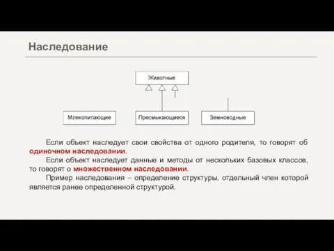 Наследование Если объект наследует свои свойства от одного родителя, то говорят об