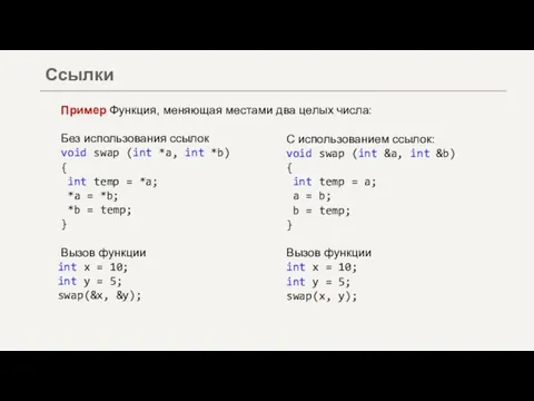 Пример Функция, меняющая местами два целых числа: Без использования ссылок void swap