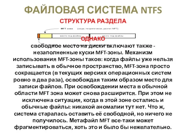 ФАЙЛОВАЯ СИСТЕМА NTFS СТРУКТУРА РАЗДЕЛА ОДНАКО свободное место на диски включают также