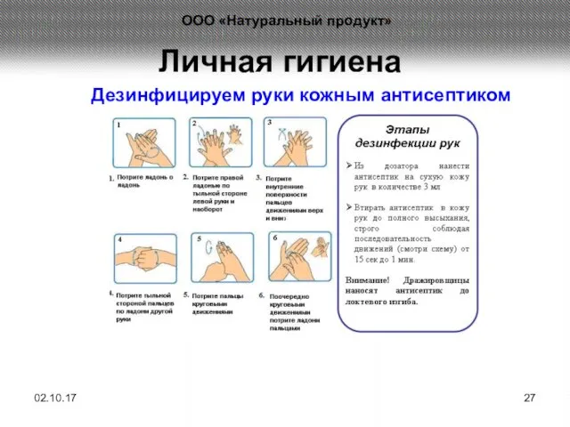 Личная гигиена Дезинфицируем руки кожным антисептиком 02.10.17