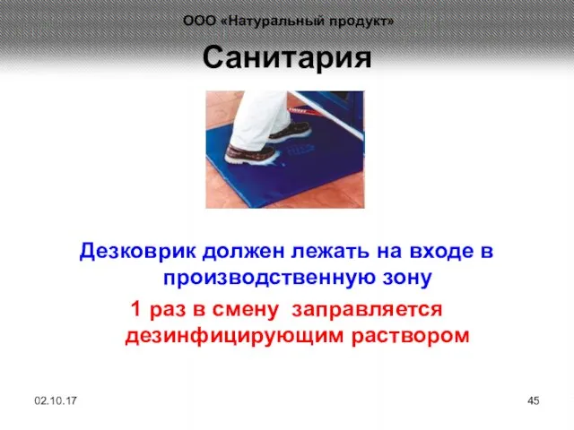 Санитария Дезковрик должен лежать на входе в производственную зону 1 раз в