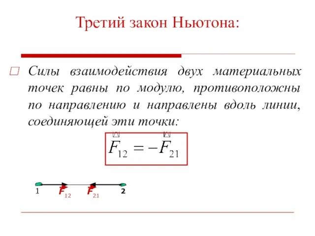 Третий закон Ньютона: Силы взаимодействия двух материальных точек равны по модулю, противоположны