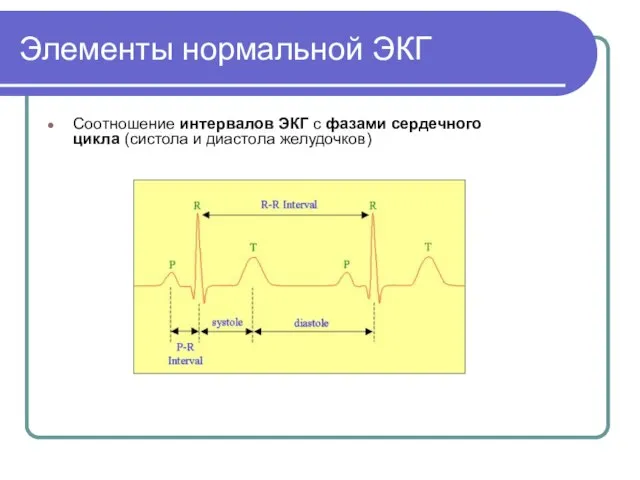 Элементы нормальной ЭКГ Соотношение интервалов ЭКГ с фазами сердечного цикла (систола и диастола желудочков)