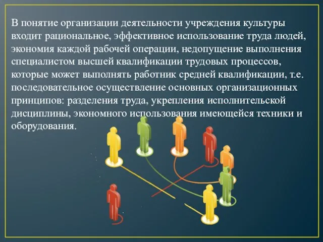 В понятие организации деятельности учреждения культуры входит рациональное, эффективное использование труда людей,