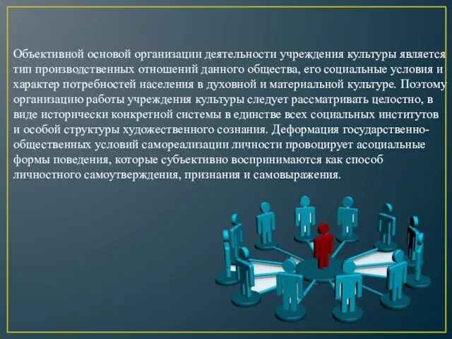 Объективной основой организации деятельности учреждения куль­туры является тип производственных отношений данного общества,