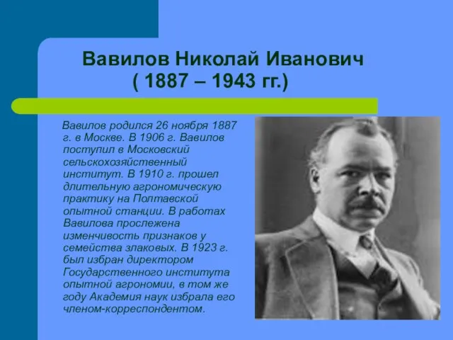 Вавилов Николай Иванович ( 1887 – 1943 гг.) Вавилов родился 26 ноября