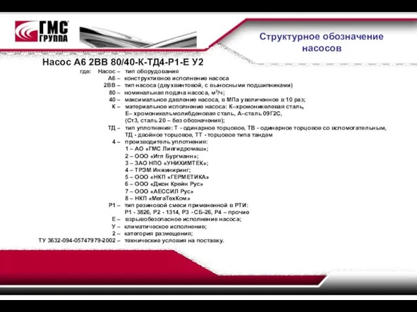 Структурное обозначение насосов Насос А6 2ВВ 80/40-К-ТД4-Р1-Е У2