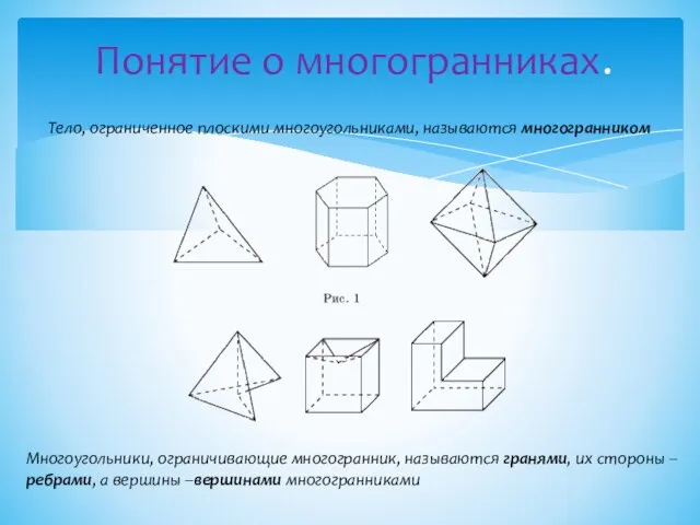 Понятие о многогранниках. Тело, ограниченное плоскими многоугольниками, называются многогранником Многоугольники, ограничивающие многогранник,